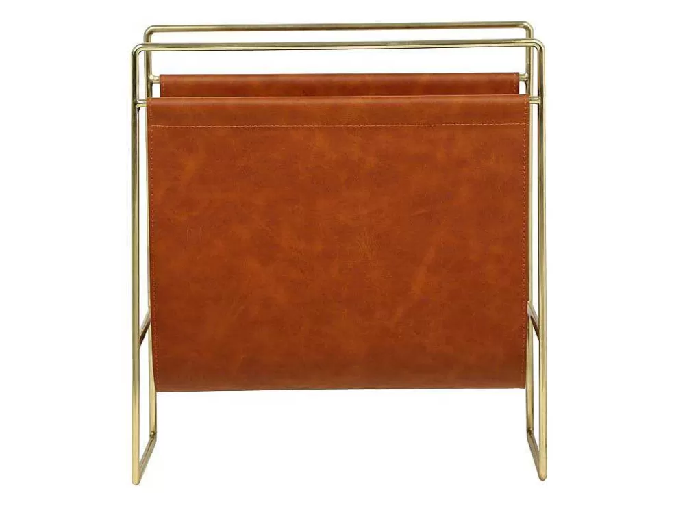 Shop Tijdschrifthouder In Vintage-Stijl Van Kunstleer - L38 X D22 X H41 Cm - Metaal En Bruin Kunstleer - Ferri Opbergaccessoire