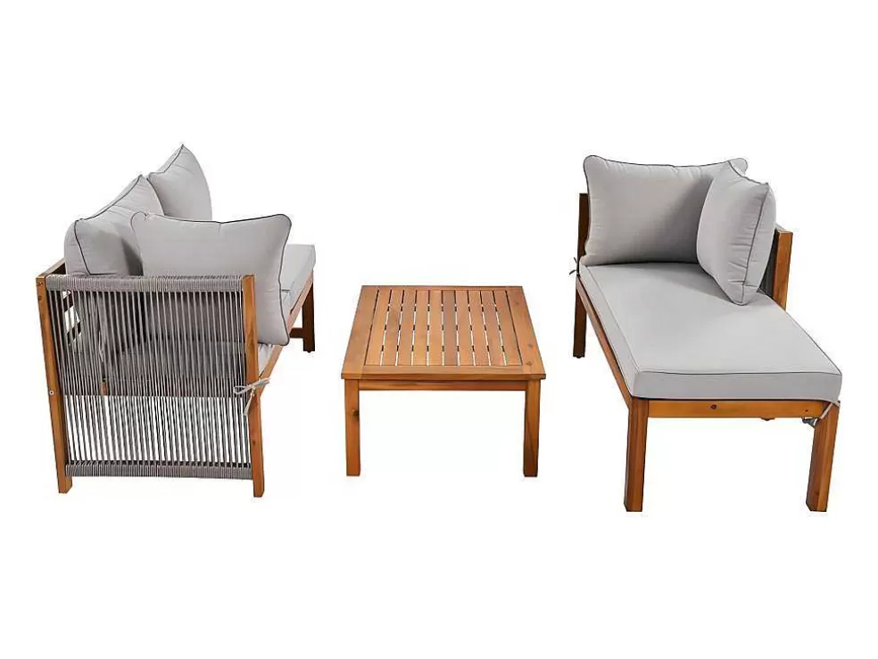 Store Tuinmeubelen In Acaciahout En Grijs Touw - 2 Zitbanken En 1 Salontafel - Verstelbare Poten - Grijs & Naturel Loungeset