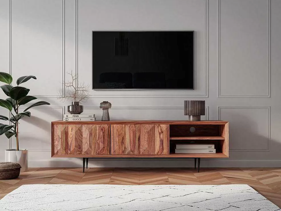 Online Tv-Meubel Met 2 Deuren En 2 Niche - Sheesham Hout En Metaal - Kleur: Natuurlijk - Zelicina Tv-Meubel