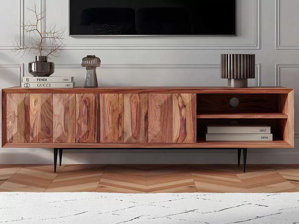 Online Tv-Meubel Met 2 Deuren En 2 Niche - Sheesham Hout En Metaal - Kleur: Natuurlijk - Zelicina Tv-Meubel