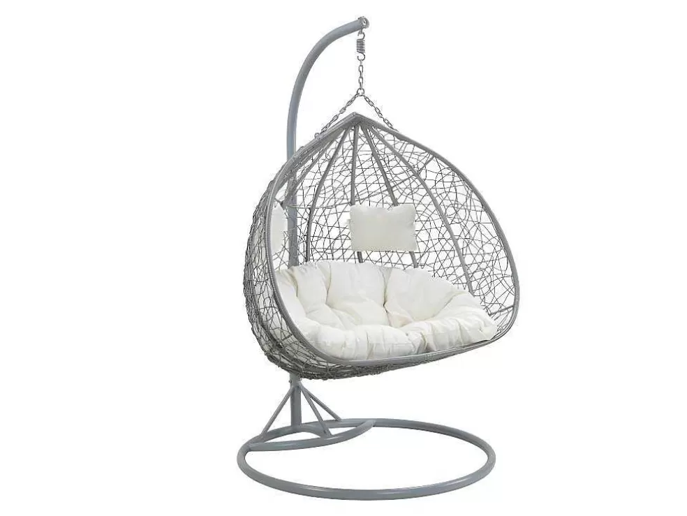 Fashion Tweezits Hangstoel Cayambe Van Gevlochten Hars - Grijs Met Witte Kussens Hangstoel