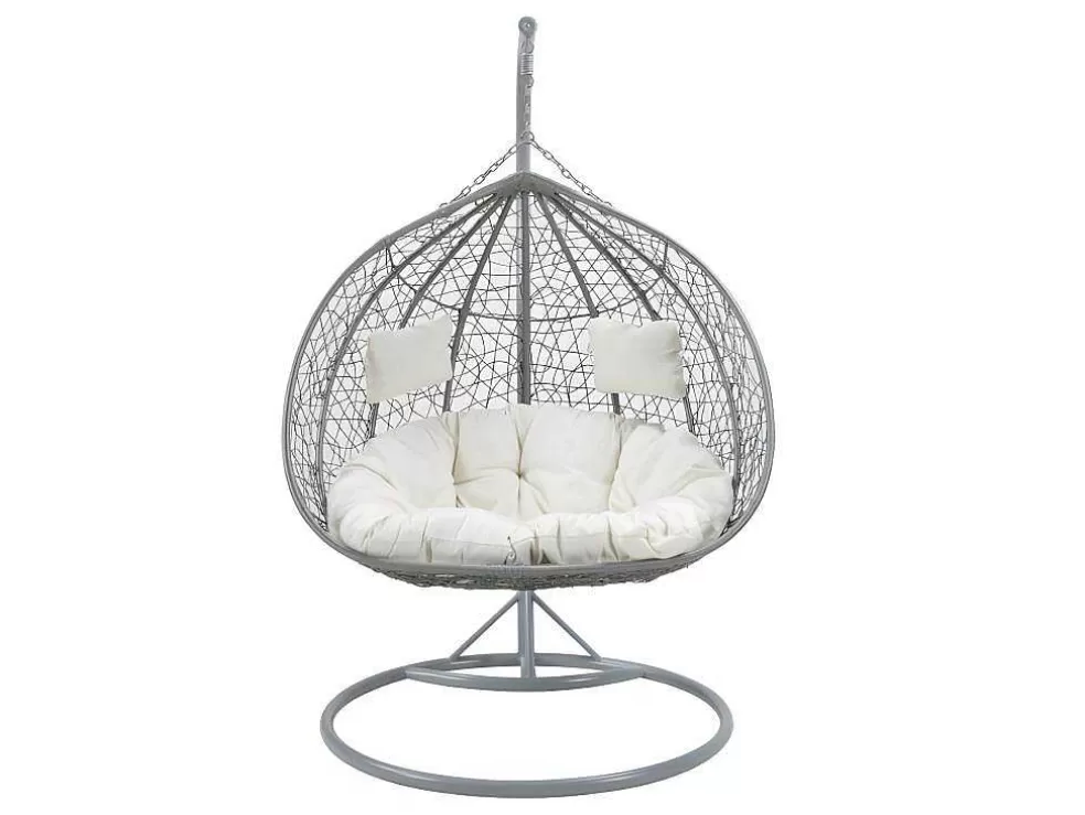 Fashion Tweezits Hangstoel Cayambe Van Gevlochten Hars - Grijs Met Witte Kussens Hangstoel