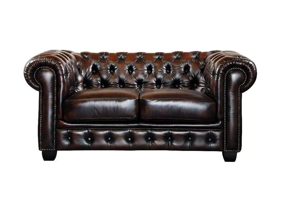 Outlet Tweezitsbank Chesterfield Brenton 100% Buffelleer - Bruin Tinten Tweezitsbank