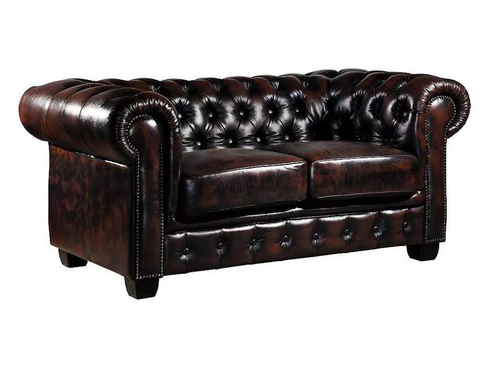 Outlet Tweezitsbank Chesterfield Brenton 100% Buffelleer - Bruin Tinten Tweezitsbank