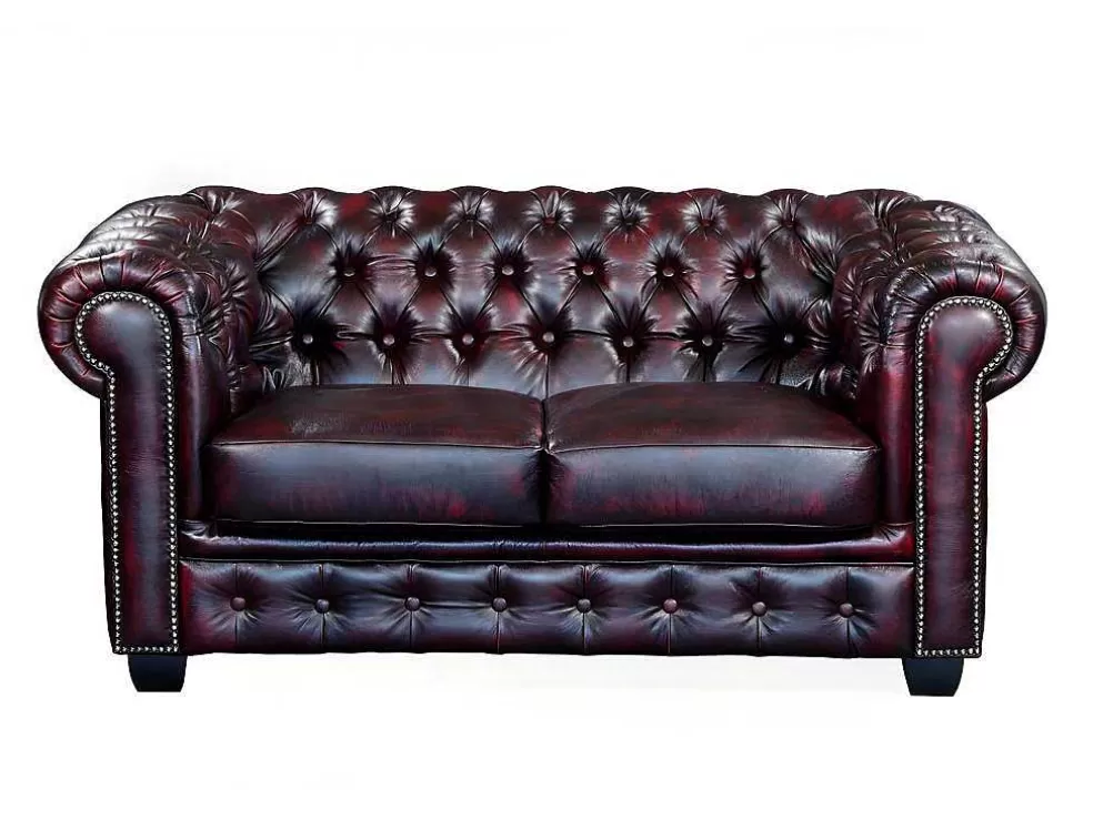 Cheap Tweezitsbank Chesterfield Brenton 100% Buffelleer - Cherry Leren Zitbank