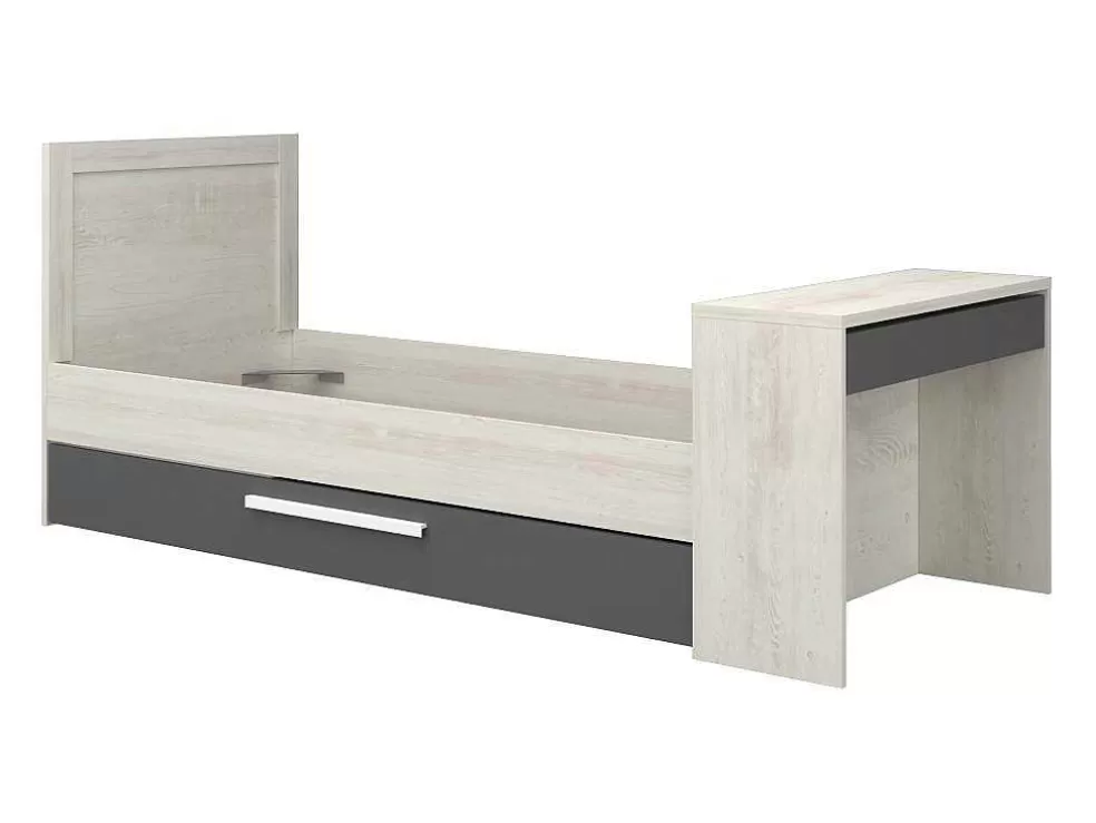 Best Uitschuifbaar Bed 2 X 90 X 200 Cm - Met Bureau - Kleur: Naturel En Antraciet + Bedbodem - Vouani Bed Met Slaaplade
