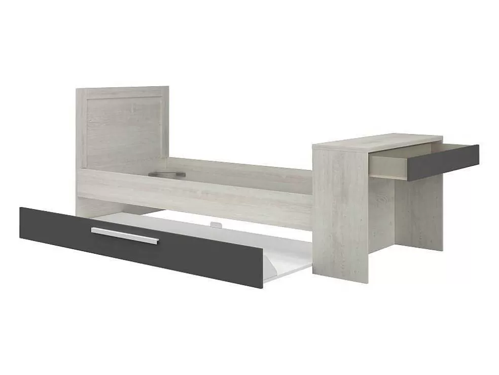 Discount Uitschuifbaar Bed 90 X 200 En 90 X 190 Cm - Met Bureau - Kleur: Naturel En Antraciet + Matras + Bedbodem - Vouani Bed Met Slaaplade