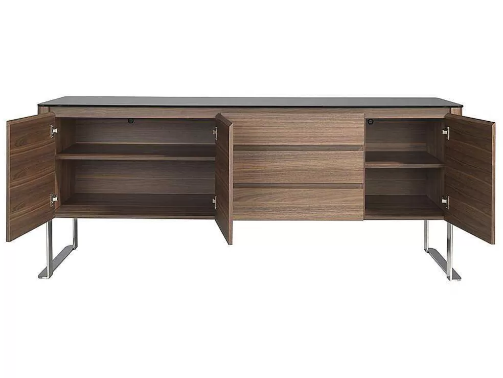 Flash Sale Walnoot Dressoir Met Zwart Glazen Blad 3060 Buffetkast