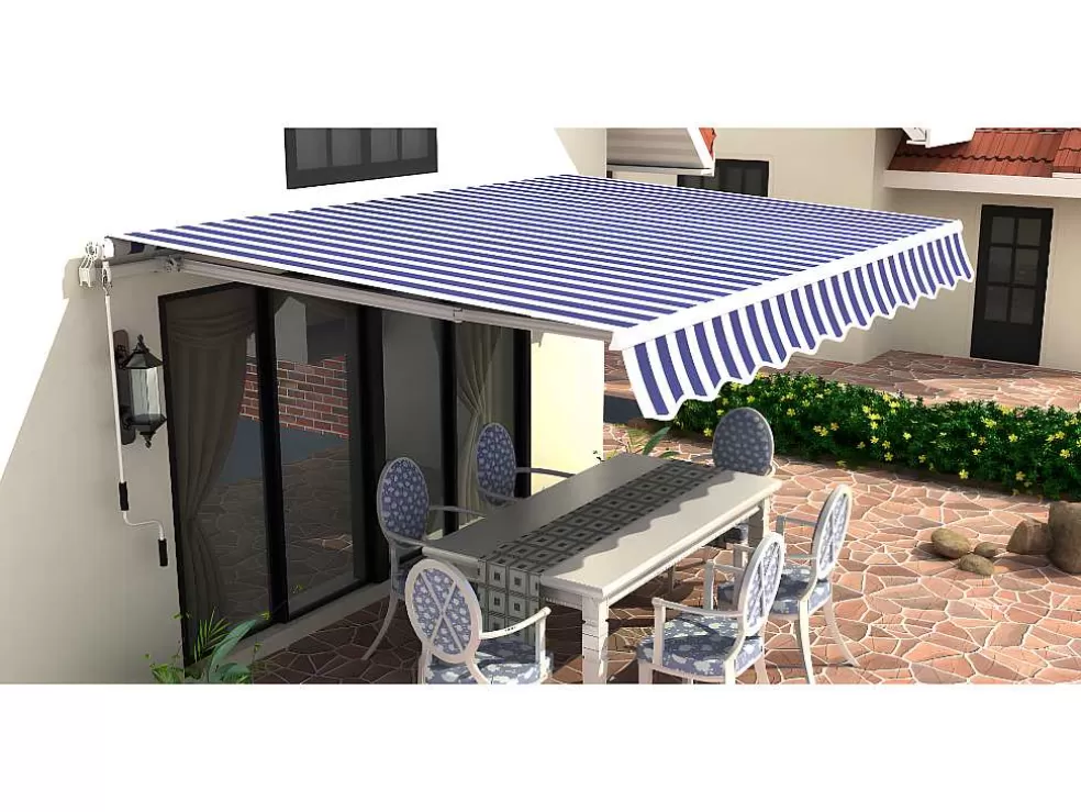 Outlet Zonnewering Paleas - Handmatig - 3,95 X 2,5M - Blauw En Wit Buitenzonwering